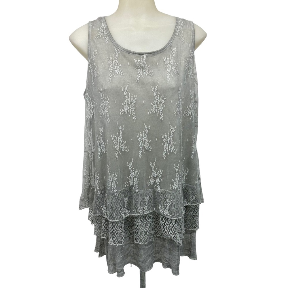 SIMPLY COUTURE Tunic Top Sz SLight Gray Sheer Tiered Overlay Fairy Whims…